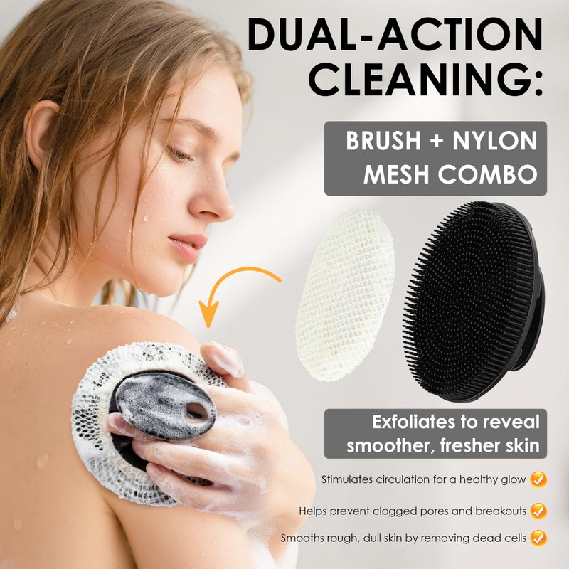 INNERNEED Food-Grade Soft Silicone Body Scrubber Shower Brush Handheld Cleansing Skin Brush, with Exfoliating Net Sponge Case (Black Brush) - Image 2